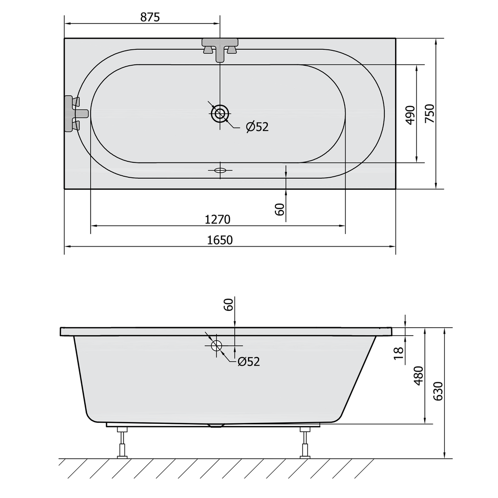ASTRA B SLIM obdélníková vana 165x75x48cm, bílá
