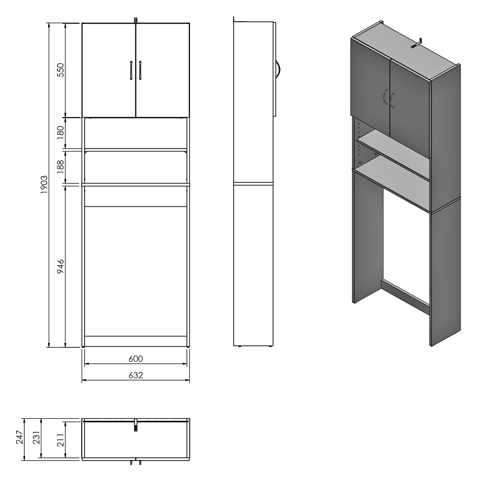 SIMPLEX ECO skříňka za pračku 63x25x190cm, bílá