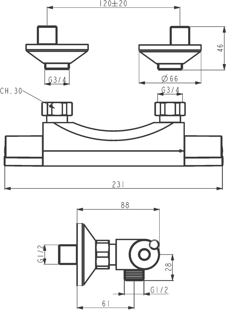 Sprchová baterie termostat bez příslušenství 120mm Aqualight