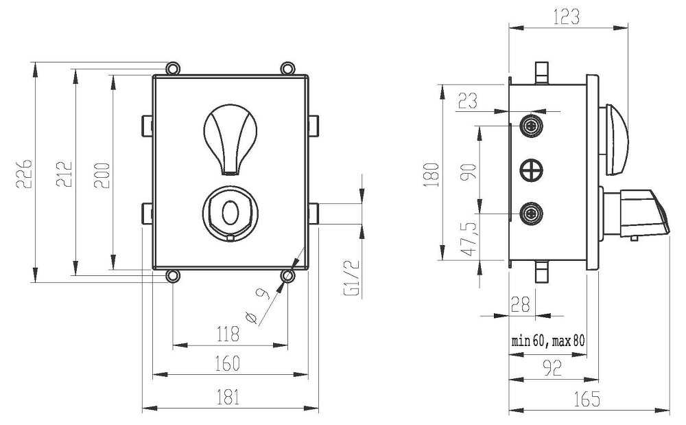 Podomítková termostatická baterie s boxem, 2 vývody